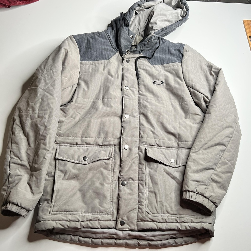 Oakley Mens Hooded Puffer Jacket Grey Ripstop Two-Tone Regular Fit Medium